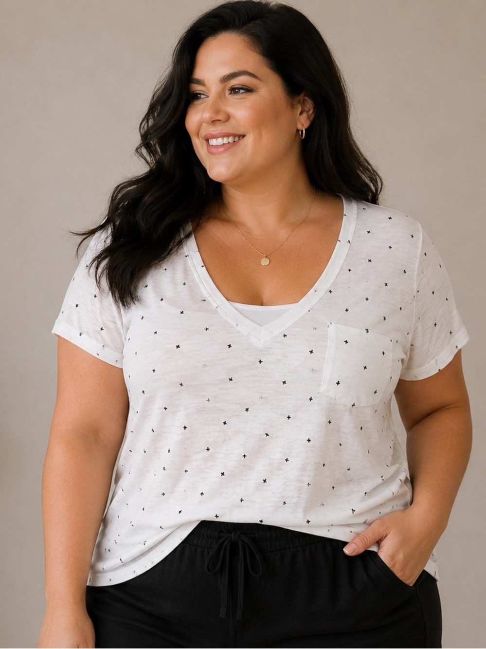 Love Charm V-Neck Pocket Tee with Black Butterfly Print